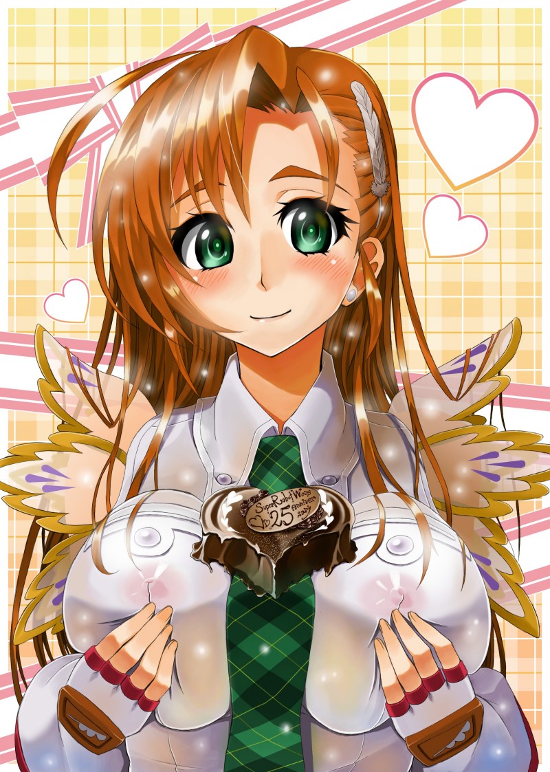 1girl anniversary azarashing_day bad_id bad_pixiv_id bare_shoulders breasts chocolate cliana_rimskaya covered_erect_nipples earrings feathers female_focus fingerless_gloves gloves grabbing_own_breast green_eyes hair_ornament hairclip huge_breasts jewelry long_hair necktie no_bra orange_hair smile solo super_robot_wars super_robot_wars_destiny valentine
