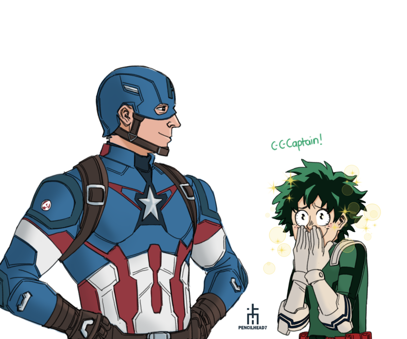 10s 2boys avengers_(series) bodysuit boku_no_hero_academia captain_america chin_strap crossover deku freckles gloves green_bodysuit green_hair male_focus marvel messy_hair midoriya_izuku multiple_boys pencilhead7 red_footwear school_uniform sparkle steve_rogers superhero_costume u.a._school_uniform white_background white_gloves