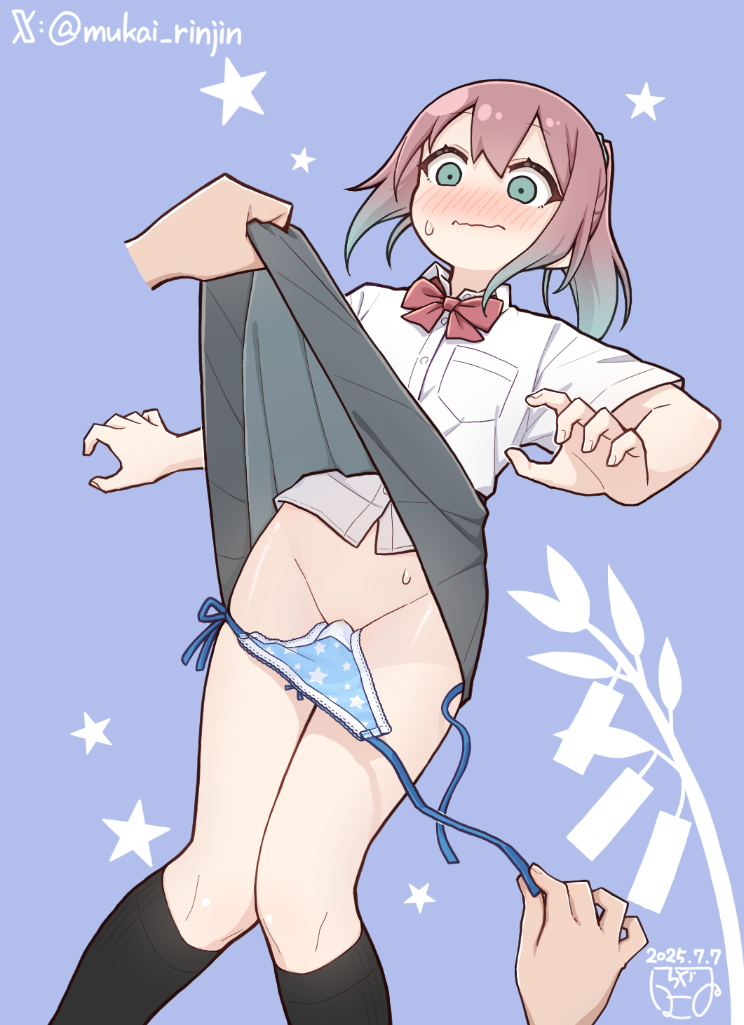 1girl 1other assisted_exposure black_socks blue_background blue_panties blush bow bowtie brown_hair closed_mouth clothes_lift commentary_request dated disembodied_hand double-parted_bangs feet_out_of_frame gradient_hair green_eyes grey_skirt highres humiliation kneehighs knees_together_feet_apart lifting_another&#039;s_clothes long_hair mukai_rinjin multicolored_hair nose_blush original panties panty_pull ponytail print_panties red_bow red_bowtie school_uniform shirt shirt_tucked_in short_sleeves side-tie_panties simple_background skirt skirt_lift socks solo_focus stained_panties standing star_(symbol) star_panties star_print sweat twitter_username underwear untied_panties wavy_mouth white_shirt