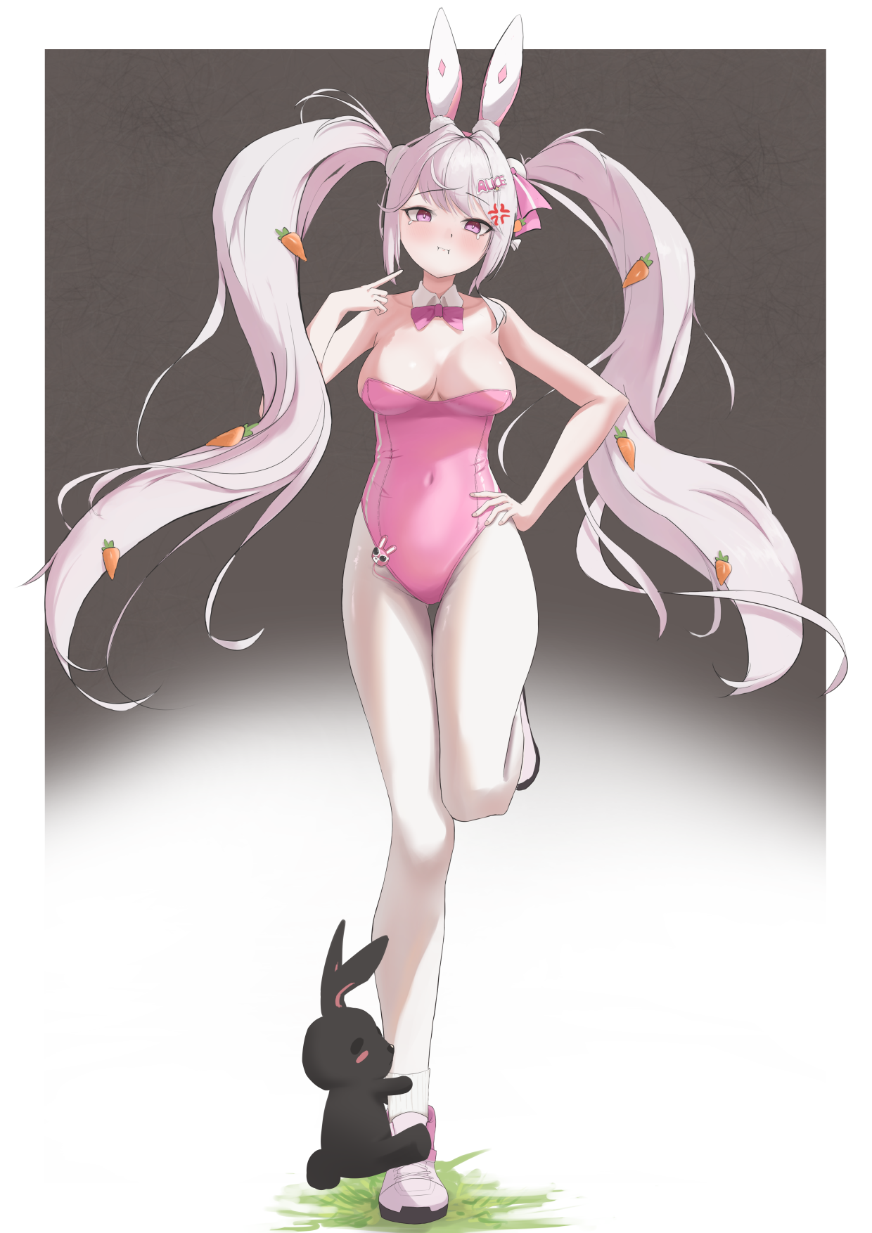 1girl alice_(nikke) alice_(wonderland_bunny)_(nikke) animal_ear_hairband animal_ears bow bowtie carrot_hair_ornament chinese_commentary commentary_request covered_navel detached_collar fake_animal_ears food-themed_hair_ornament froggy_(froggy_163) full_body goddess_of_victory:_nikke gradient_background grey_background hair_ornament hairband highres leotard long_hair looking_at_viewer pantyhose pink_bow pink_bowtie pink_eyes pink_leotard playboy_bunny rabbit rabbit_ears rabbit_tail strapless strapless_leotard tail twintails white_pantyhose