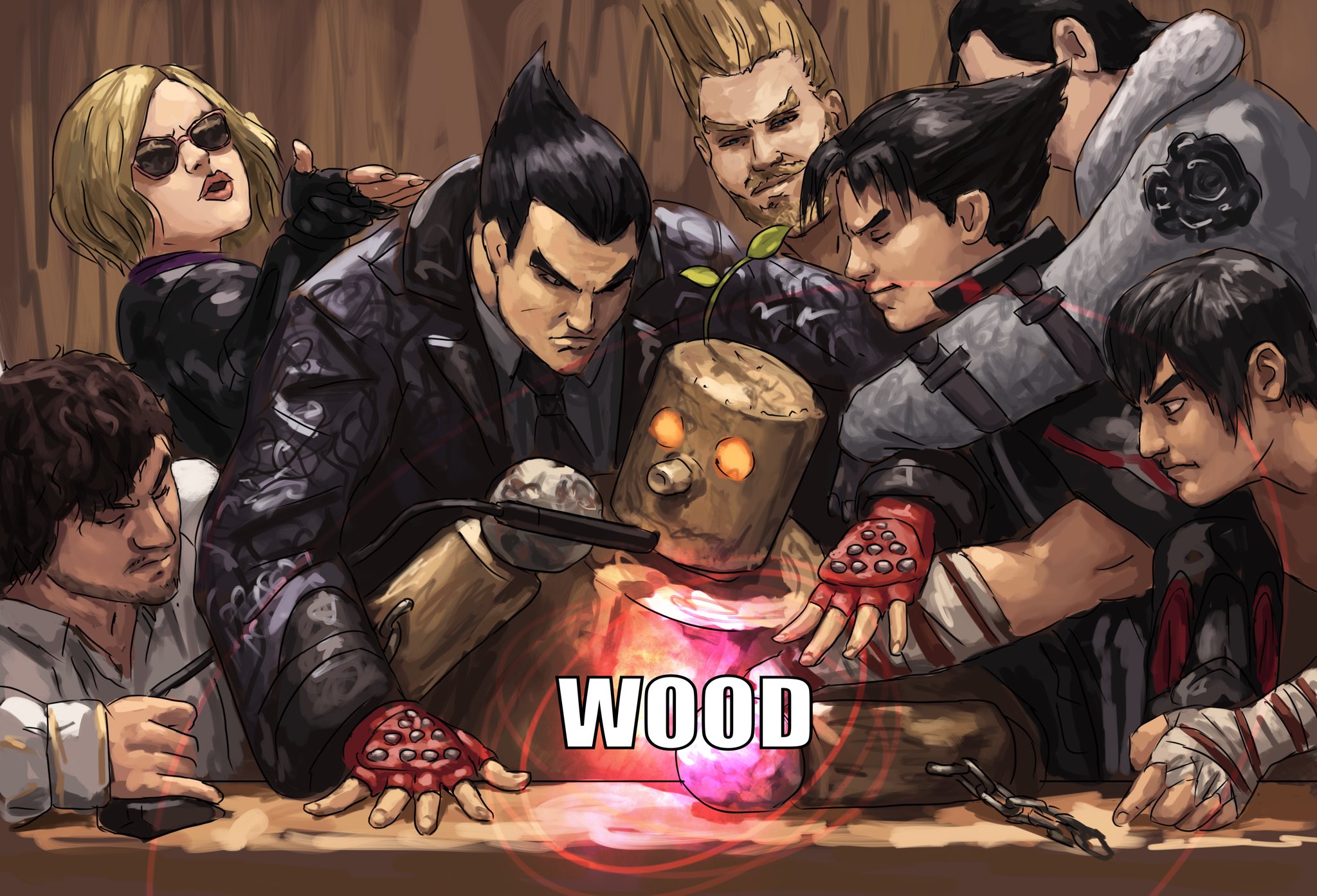1girl 6+boys beard black_hair blonde_hair blowing_kiss commentary english_commentary english_text facial_hair fingerless_gloves gloves highres holding holding_microphone image_macro_(meme) jacket kazama_jin leaf leaf_on_head leather leather_jacket making-of_available male_focus marshall_law meme microphone miguel_caballero_rojo mishima_kazuya mokujin_(tekken) mu_ren_zhuang multiple_boys nina_williams paul_phoenix procreate_(medium) redustheriotact sergei_dragunov short_hair sunglasses surrounded tekken tekken_8 thick_eyebrows would_(meme)