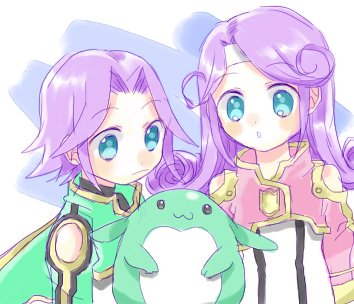 1boy 1girl black_eyes blue_eyes brother_and_sister dio_(tales) dress headband jacket kuruuru long_hair mel_(tales) open_mouth purple_hair short_hair siblings smile tales_of_(series) tales_of_phantasia:_narikiri_dungeon tales_of_phantasia:_narikiri_dungeon_x