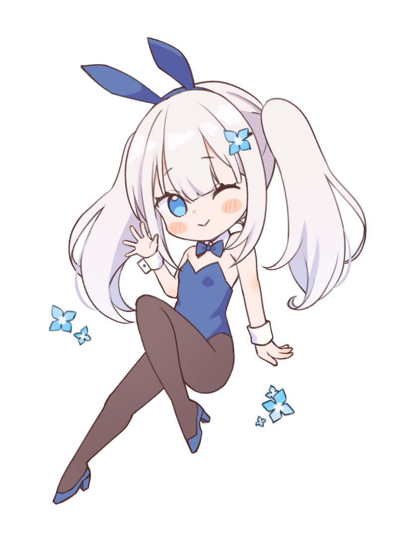 1girl :&gt; animal_ears arm_support blue_bow blue_bowtie blue_eyes blue_flower blue_hairband blue_leotard blue_shoes blush_stickers bow bowtie brown_pantyhose chibi chibi_only closed_mouth collar detached_collar fake_animal_ears flower full_body furutori hair_between_eyes hair_flower hair_ornament hairband high_heels leotard long_hair looking_at_viewer one_eye_closed original pantyhose playboy_bunny rabbit_ears shoes sidelocks simple_background smile solo twintails waving white_background white_collar white_hair white_wrist_cuffs wrist_cuffs