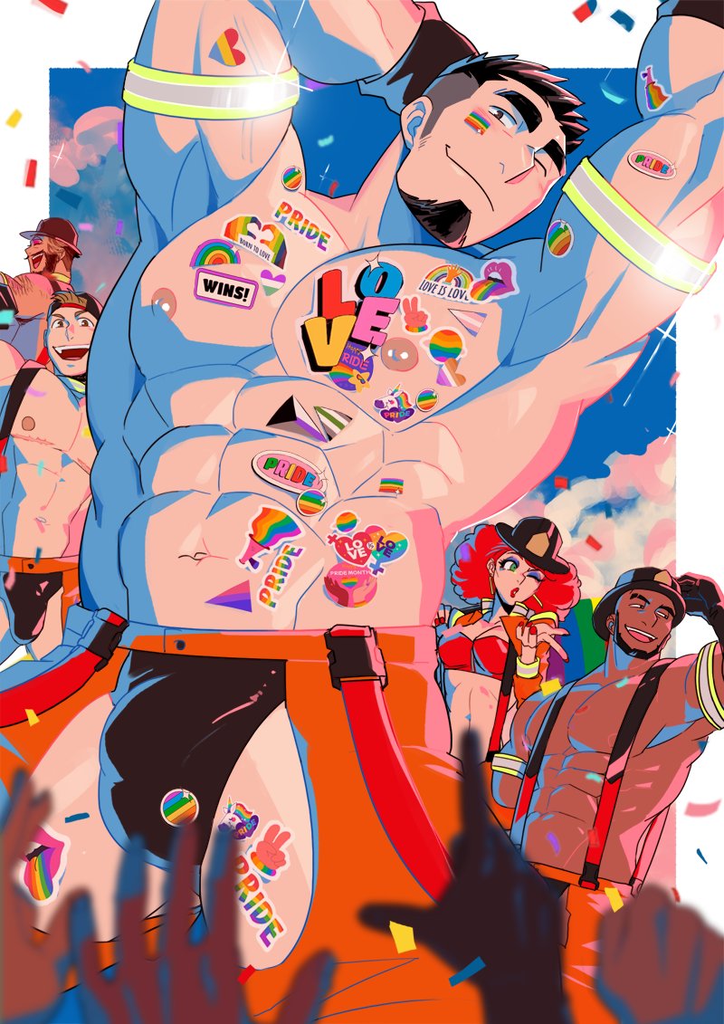 1girl 4boys absol_(dkqthf) bara black_hair black_male_underwear bulge closed_mouth cloud dark-skinned_male dark_skin facepaint large_pectorals lgbt_pride male_focus male_underwear multiple_boys muscular muscular_male one_eye_closed orange_pants original outdoors pants pectorals pride_month short_hair sky smile underwear