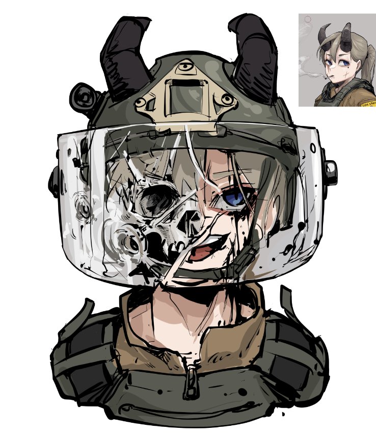 1girl black_horns blood blood_on_face blood_on_hat bloody_tears blue_eyes brown_shirt brown_vest bullet_hole bulletproof_vest cigarette combat_helmet demon_horns epakim grey_hair hair_between_eyes helmet horns open_mouth original ponytail reference_inset scar scar_on_face shirt skull smile smoke smoking solo vest visor_(armor)