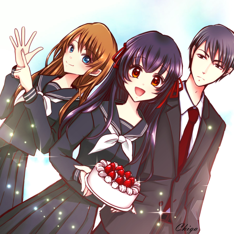 1boy 2girls black_hair black_serafuku blue_eyes blunt_bangs brown_eyes brown_hair cake chi119 food formal_clothes grey_hair hair_ribbon himeno_mikoto himuro_hitoshi kaii_shoukougun kajiro_yuka long_hair multiple_girls official_art red_ribbon ribbon school_uniform serafuku short_hair smile