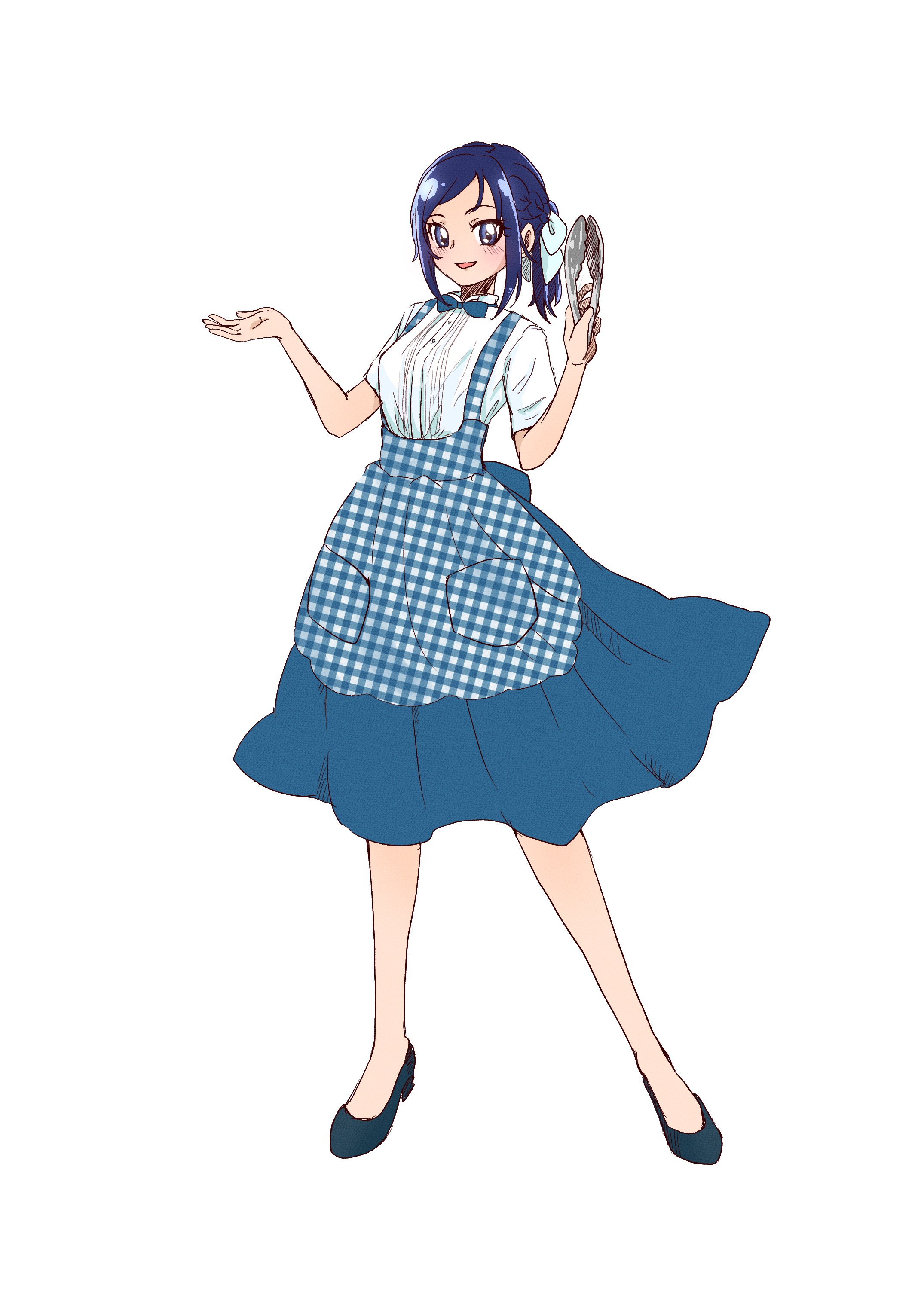 1girl absurdres alternate_costume alternate_hairstyle apron black_shoes blue_apron blue_bow blue_bowtie blue_eyes blue_hair blue_skirt blush bow bowtie breasts checkered_apron checkered_clothes dokidoki!_precure employee_uniform full_body gingham gingham_apron gingham_skirt high-waist_skirt highres hishikawa_rikka holding holding_tongs kobeya_uniform kypkenta long_hair looking_at_viewer medium_breasts open_mouth plaid_apron plaid_clothes pleated_shirt ponytail precure shirt shoes short_sleeves skirt smile tongs waitress white_background white_shirt