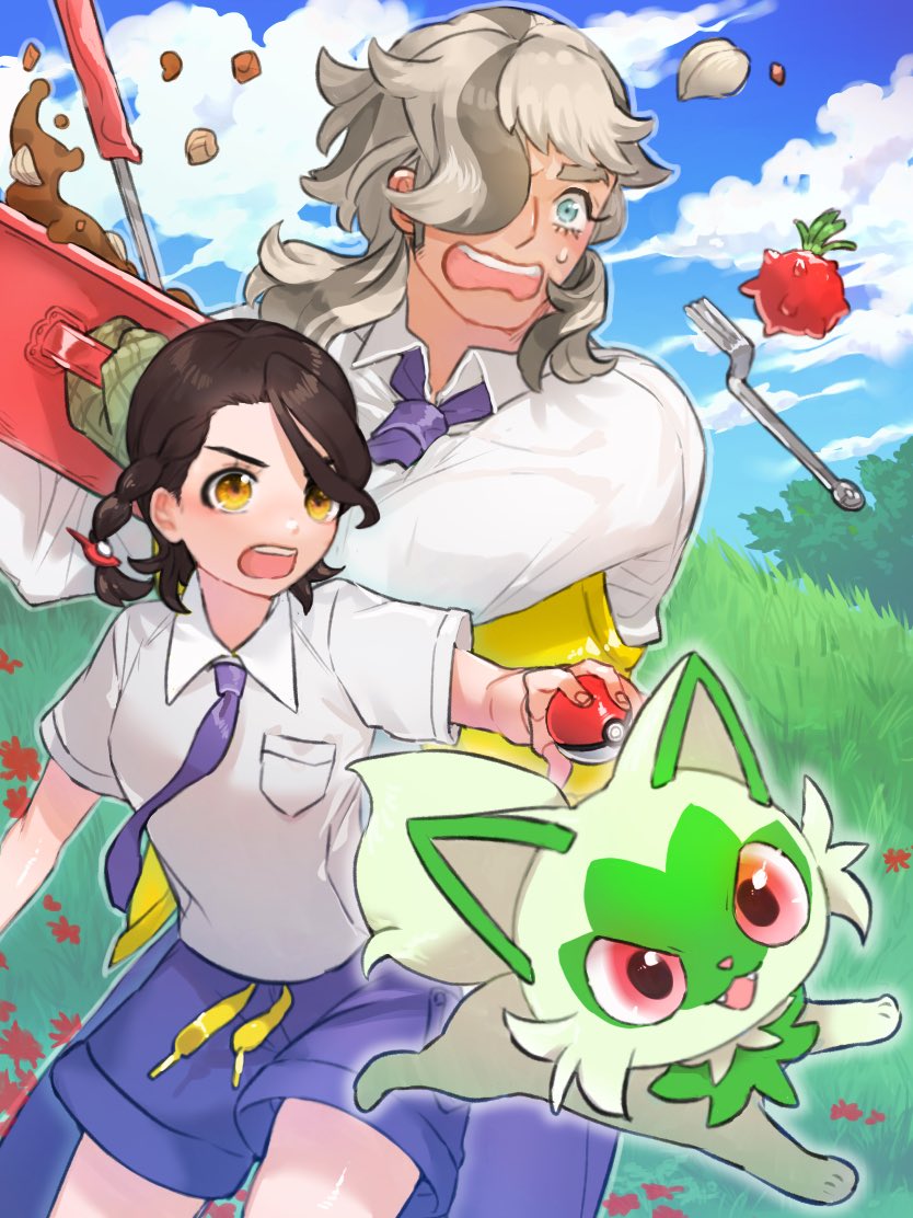 1boy 1girl arven_(pokemon) backpack bag blue_necktie blue_shorts blue_sky braid brown_hair cloud collared_shirt cooking_pot fangs food fork game_freak green_eyes hair_over_one_eye holding holding_cooking_pot holding_food holding_poke_ball juliana_(pokemon) long_hair necktie nintendo outdoors poke_ball pokemon pokemon_(creature) pokemon_sv red_eyes shiratori_yokikana shirt shorts single_braid sky sprigatito tamato_berry vest white_shirt yellow_eyes yellow_vest