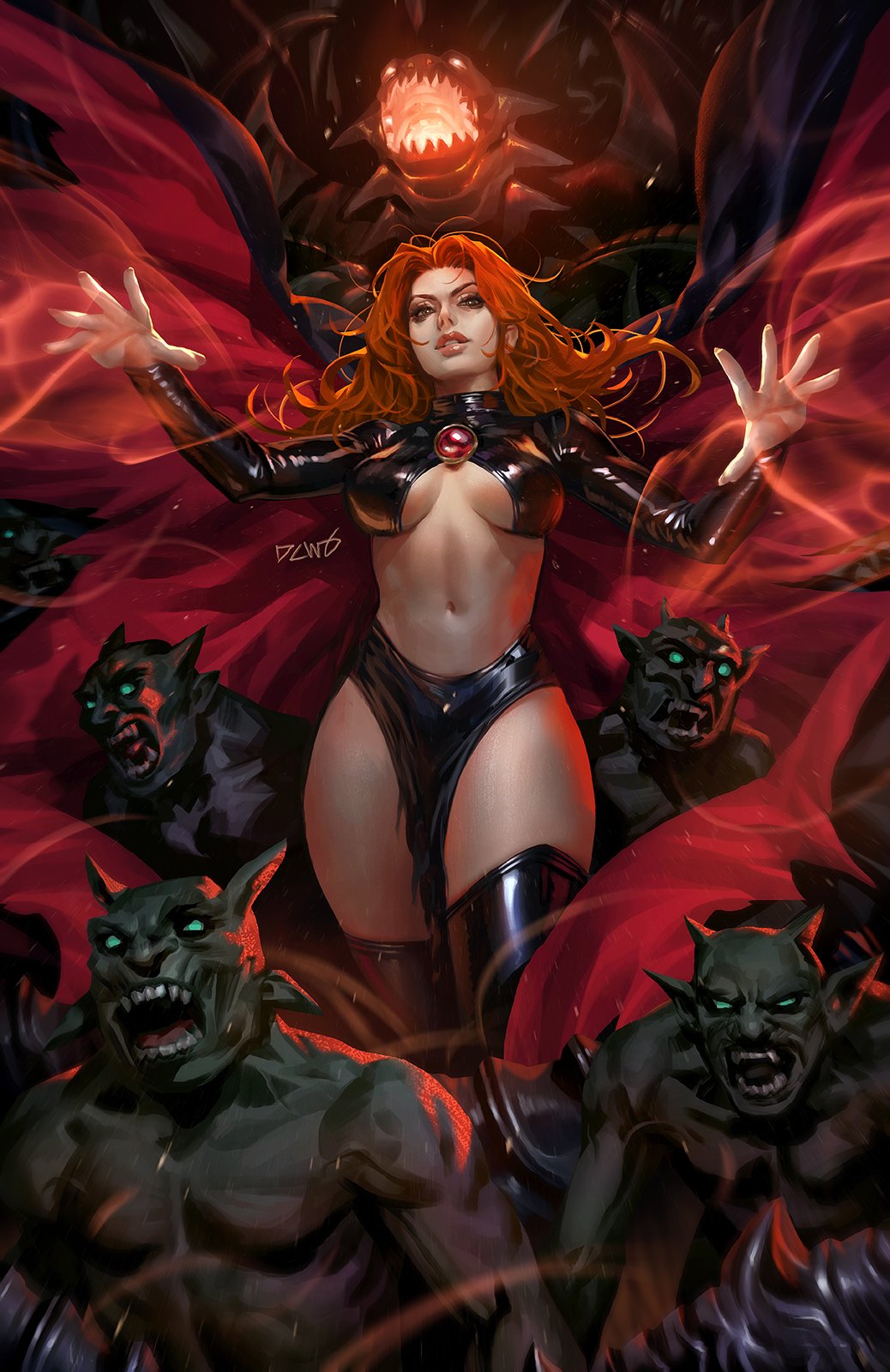 1girl 6+others black_dress black_thighhighs dcwj dress gem goblin goblin_queen highres long_hair long_sleeves madelyne_pryor marvel midriff monster multiple_others navel official_art open_mouth realistic red_gemstone red_hair signature teeth thick_thighs thighhighs thighs x-men