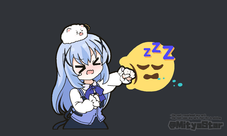 &gt;_&lt; 1girl ^^^ angora_rabbit animal animal_on_head black_background black_skirt blue_bow blue_hair blue_vest blush bow chibi closed_eyes closed_mouth collared_shirt commentary_request emoji employee_uniform english_text gochuumon_wa_usagi_desu_ka? hair_between_eyes hair_ornament kafuu_chino long_hair long_sleeves mitya nose_blush on_head open_mouth pleated_skirt puffy_long_sleeves puffy_sleeves punching rabbit shirt simple_background skirt solo_focus tears tippy_(gochiusa) twitter_username very_long_hair vest waitress watermark wavy_mouth white_shirt x_hair_ornament zzz