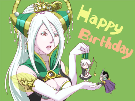 1girl 2boys chibi fu_xi green_background happy_birthday lowres multiple_boys musou_orochi musou_orochi_2 nu_wa taigong_wang_(musou_orochi) white_hair