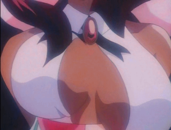 1990s_(style) 1girl animated animated_gif arms_at_sides bare_shoulders bouncing_breasts breasts brooch brown_hair burn-up burn-up_w center_opening cleavage dark_skin dark-skinned_female detached_collar closed_eyes female_focus halterneck halterneck head_out_of_frame jewelry large_breasts nanvel_candlestick no_bra retro_artstyle ribbon smile solo upper_body