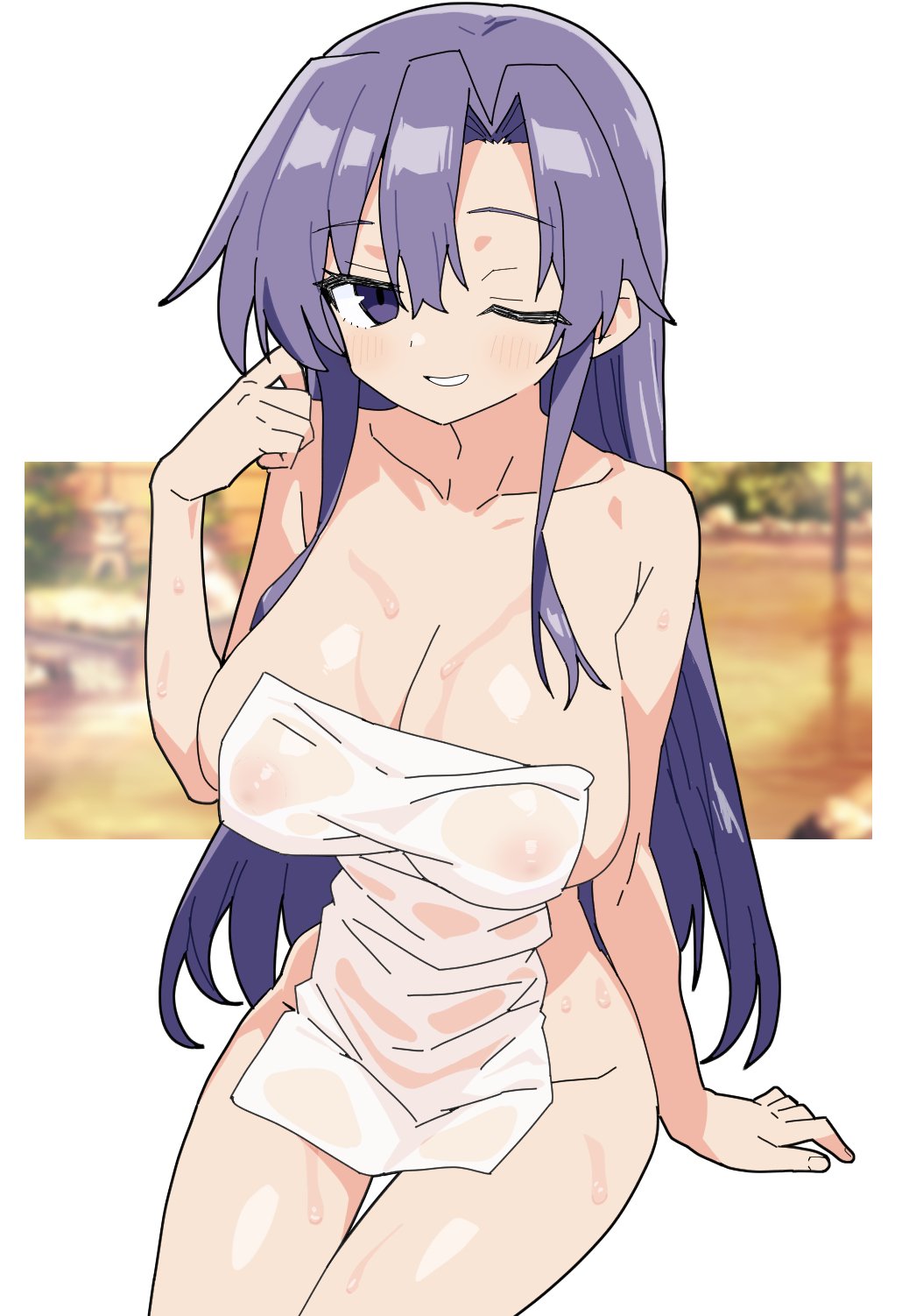 1girl breasts goshiki_agiri highres kill_me_baby large_breasts long_hair looking_at_viewer matuo3232 naked_towel one_eye_closed purple_eyes purple_hair smile solo thigh_gap towel very_long_hair wet