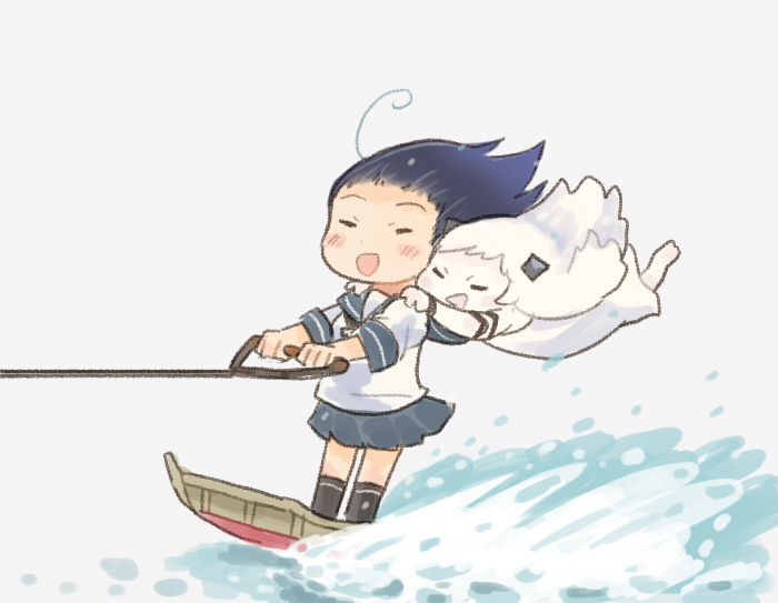 2girls black_socks closed_eyes colored_skin dress feet_out_of_frame grey_sailor_collar grey_skirt kantai_collection long_hair multiple_girls northern_little_sister pleated_skirt rope saiguchi_otoufu sailor_collar school_uniform serafuku simple_background skirt smile socks splashing ushio_(kancolle) water_skiing waves white_background white_dress white_hair white_skin