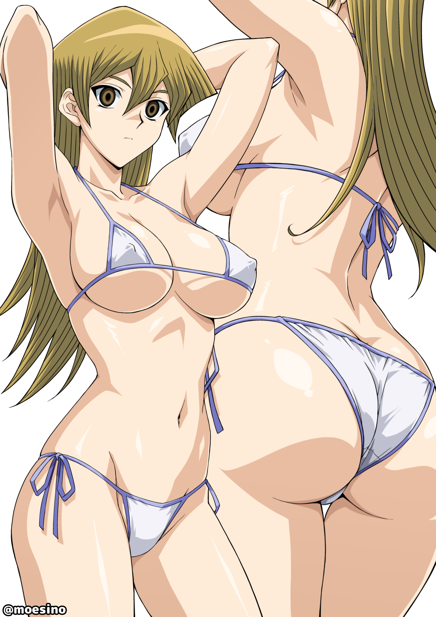1girl armpits ass bikini blonde_hair breasts brown_eyes butt_crack commentary_request cosplay covered_erect_nipples cowboy_shot empty_eyes hair_between_eyes head_out_of_frame highres hypnosis large_breasts long_hair looking_at_viewer micro_bikini mind_control moeshino multiple_views navel side-tie_bikini_bottom simple_background solo swimsuit tenjouin_asuka thigh_gap twitter_username white_background white_bikini yu-gi-oh! yu-gi-oh!_gx