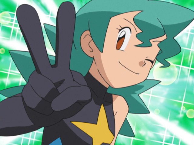 1girl aged_down bare_shoulders gen_4_pokemon gloves green_hair jenny_(pokemon) long_glove marble_(pokemon) nintendo official_alternate_costume one_eye_closed orange_eyes pokemon pokemon_(anime) pokemon_dp059 pokemon_dppt_(anime) spandex v wink