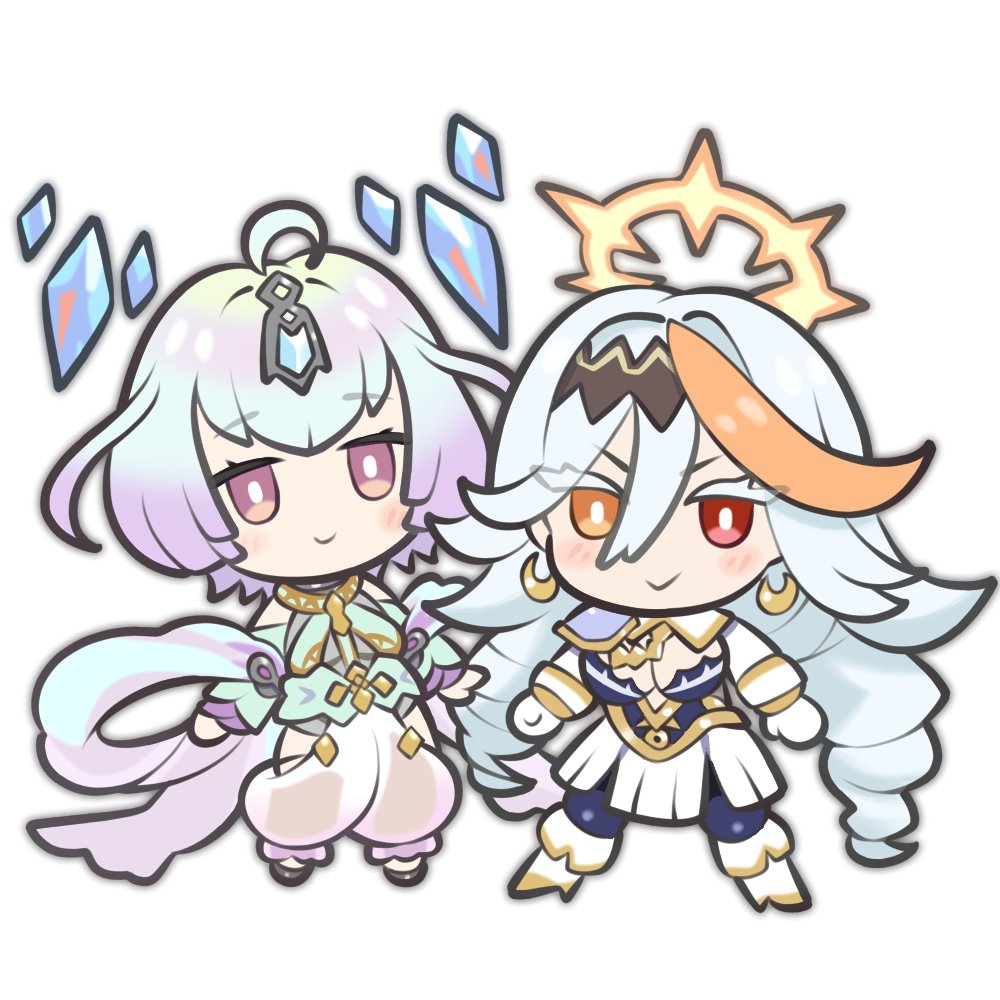 2girls baldr_(fire_emblem_heroes) breasts chibi cleavage clothing_cutout fire_emblem fire_emblem_heroes gradient_clothes looking_at_viewer medium_breasts multiple_girls nintendo open_pants pale_skin pants puffy_pants rotomdocs seidr_(fire_emblem) single_hair_streak thigh_cutout