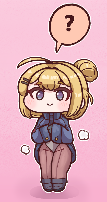 1girl :&gt; ? blonde_hair blue_eyes blush bodysuit bulga chibi clothes_lift full_body habetrot_(last_origin) hair_bun jacket jacket_lift last_origin looking_at_viewer pink_background simple_background single_hair_bun smile solo spoken_question_mark