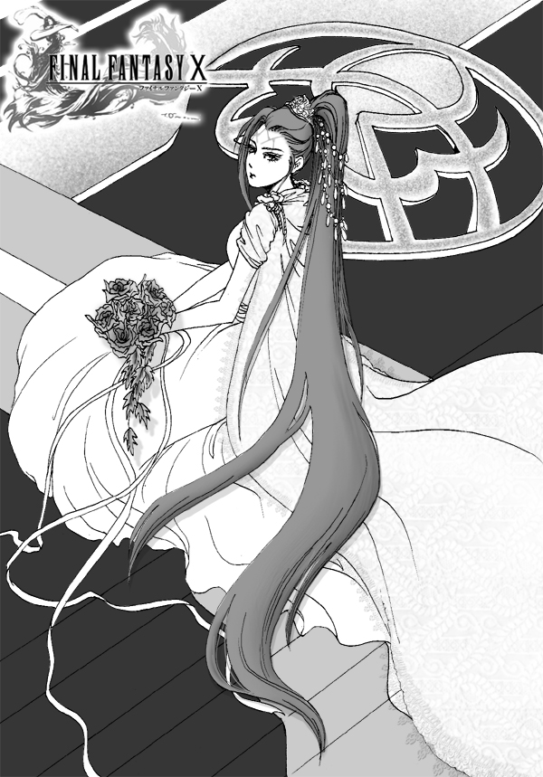 00s 1girl bouquet dress facial_mark final_fantasy final_fantasy_x flower gender_request genderswap hair_ornament long_hair looking_back monochrome ponytail seymour_guado very_long_hair wedding_dress