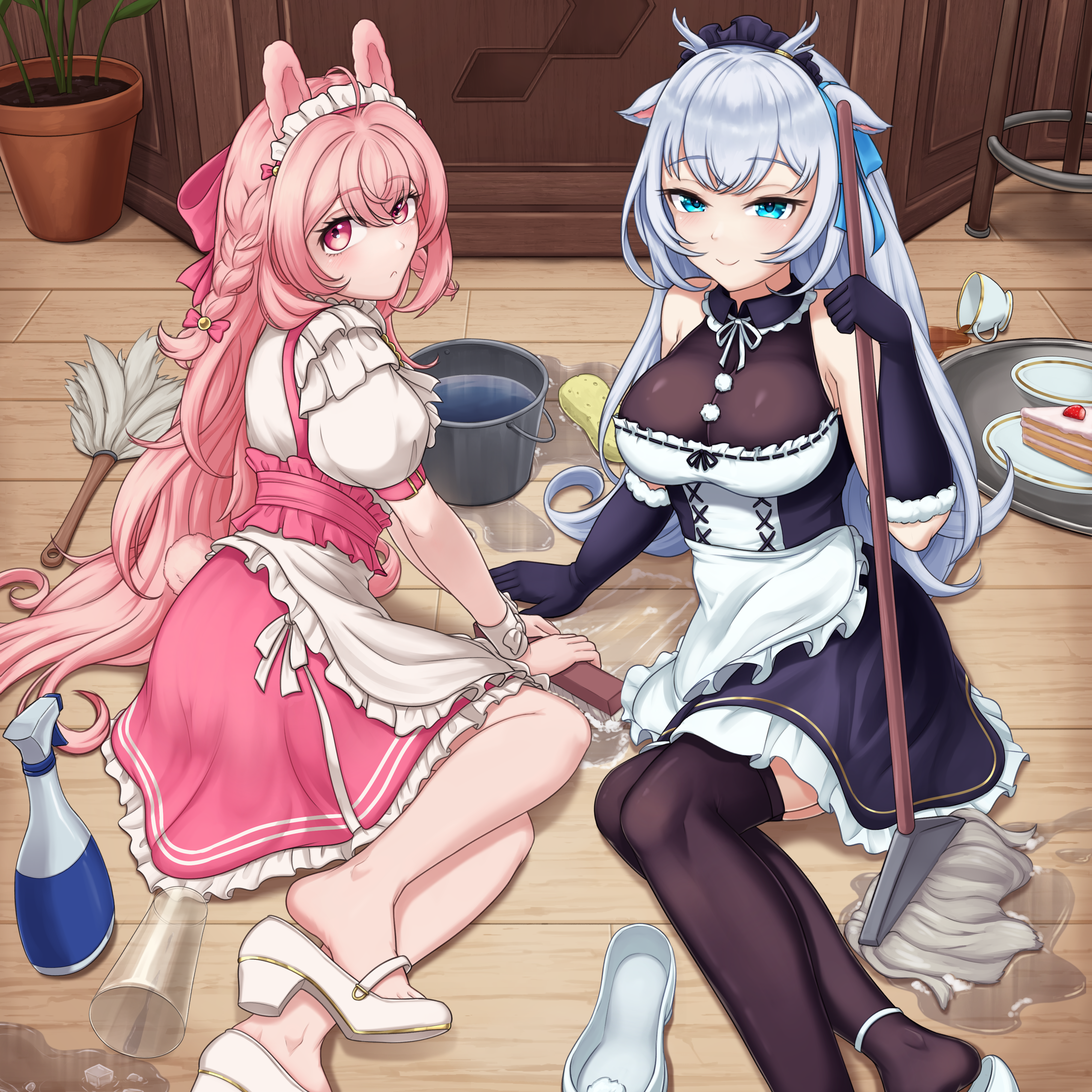 2girls absurdres ahoge animal_ears antlers apron black_collar black_dress black_gloves black_thighhighs blue_eyes blue_ribbon bottle breasts bucket bucket_of_water cake cake_slice cleavage closed_mouth collar cup deer_antlers deer_ears deer_girl dress efreezerarts elbow_gloves food frilled_apron frilled_collar frilled_skirt frills fur-trimmed_gloves fur_trim glass gloves grey_hair hair_ribbon hakushika_iori halterneck heel_pop high_heels highres holding holding_mop horns ice ice_cube large_breasts long_hair maid maid_headdress mary_janes mop multiple_girls on_floor phase_connect pink_eyes pink_hair pink_skirt pipkin_pippa plant plate pom_pom_(clothes) potted_plant rabbit_ears rabbit_girl ribbon saucer second-party_source see-through_clothes see-through_cleavage shoes skirt smile spill sponge spray_bottle teacup thighhighs tray unworn_shoes virtual_youtuber waist_apron washing water white_apron white_footwear white_wrist_cuffs wooden_floor wrist_cuffs