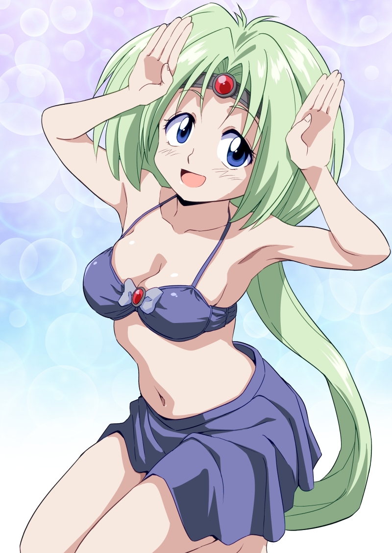 1girl blue_eyes breasts circlet cleavage green_hair haou_taikei_ryuu_knight long_hair looking_at_viewer navel open_mouth paffy_pafuricia ponzu_rui smile solo swimsuit very_long_hair