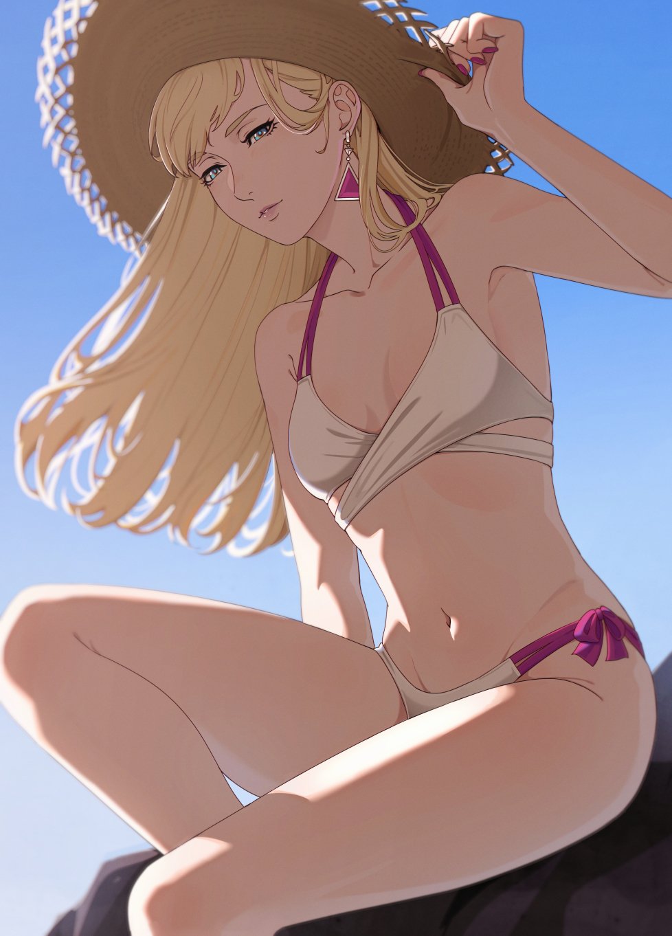 1girl bikini blonde_hair blue_eyes blue_sky breasts brown_hat collarbone day earrings enelous fitting gigi_andalusia groin gundam gundam_hathaway&#039;s_flash hand_on_headwear hat highres jewelry knee_up lips long_hair looking_at_viewer navel on_rock outdoors sitting sky small_breasts solo straw_hat swept_bangs swimsuit triangle_earrings white_bikini