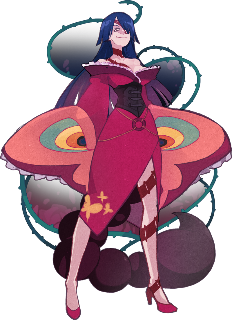 00s 1girl adiane blue_hair corset dress eyepatch female_focus long_hair scorpion_tail solo tail tattoo tengen_toppa_gurren_lagann transparent_background zorim