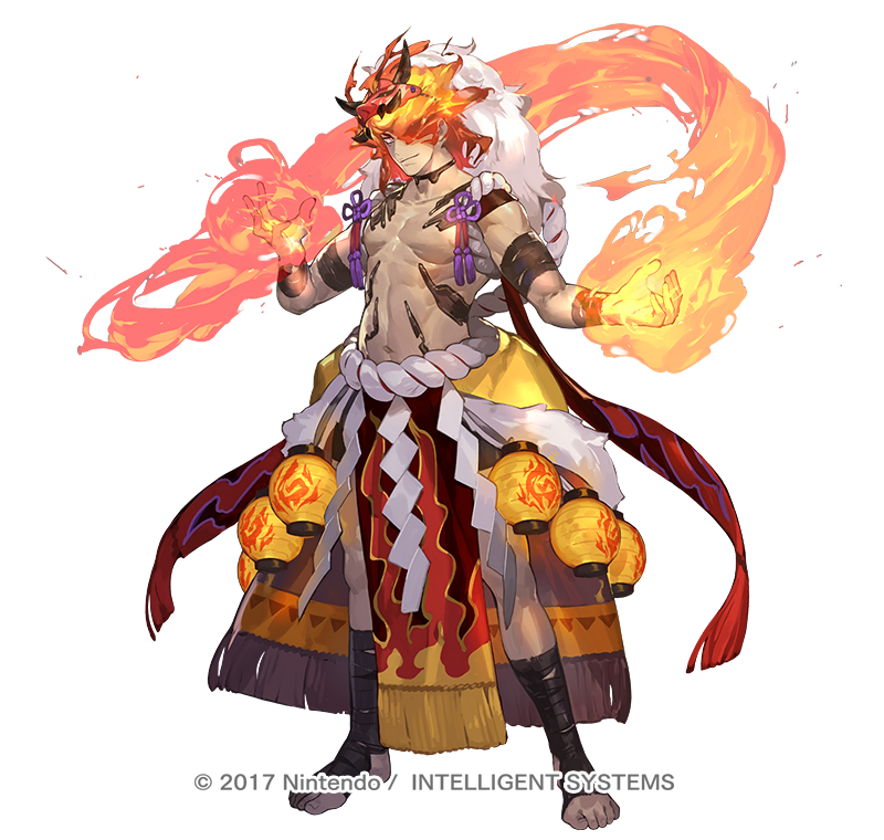 1boy abs body_markings copyright_notice dark-skinned_male dark_skin dragon_mask fake_hair fire_emblem fire_emblem_heroes flaming_hand full_body hair_over_one_eye looking_at_viewer male_focus muspell_(fire_emblem) muspell_(flame)_(fire_emblem) nintendo official_alternate_costume official_art orange_hair pelvic_curtain red_eyes shawl smile so-taro solo sumo tachi-e toned toned_male white_background