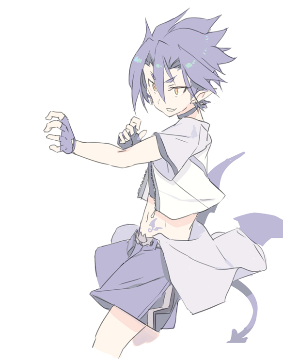 1boy blade_(galaxist) blue_hair choker commentary commentary_request demon_boy demon_tail demon_wings fighting_stance fingerless_gloves gloves grin hair_between_eyes male_focus midriff navel aged_up pop-up_story shorts simple_background smile solo tail white_background wings yellow_eyes ziz_glover