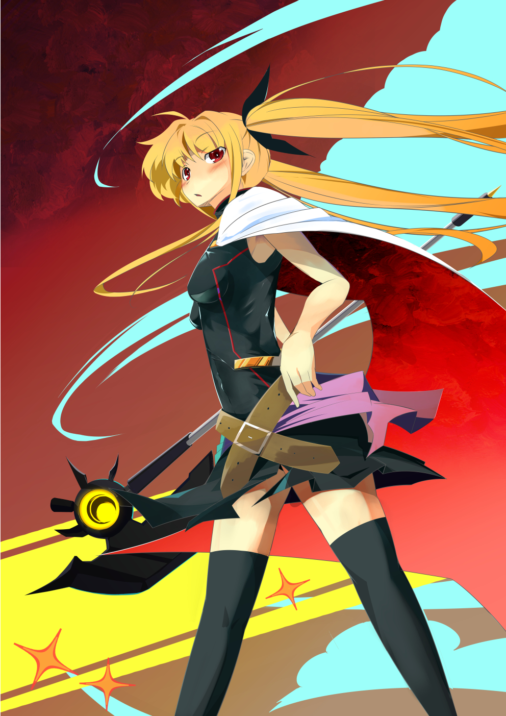 00s 1girl bardiche_(bullova_form)_(nanoha) bardiche_(nanoha) black_thighhighs blonde_hair fate_testarossa fate_testarossa_(blaze_form) female_focus fujinon_(fish_bone) fujinon_(izayoi) hair_ribbon highres long_hair lyrical_nanoha mahou_shoujo_lyrical_nanoha red_eyes ribbon solo thighhighs twintails