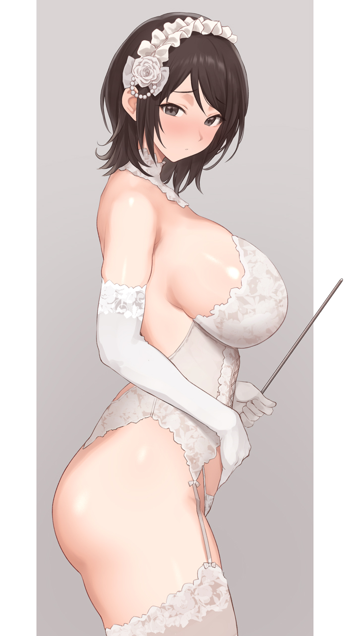 1girl amagami ass bare_shoulders black_hair blush breasts bridal_lingerie brown_eyes closed_mouth elbow_gloves flower frilled_hairband frills from_side garter_straps gloves hair_ornament hairband highres holding holding_pointer lace lace-trimmed_legwear lace_trim large_breasts lingerie looking_at_viewer panties pointer rose serizawa_(serizawaroom) short_hair sideboob simple_background solo takahashi_maya thighhighs underwear white_flower white_garter_straps white_gloves white_headdress white_panties white_rose white_thighhighs