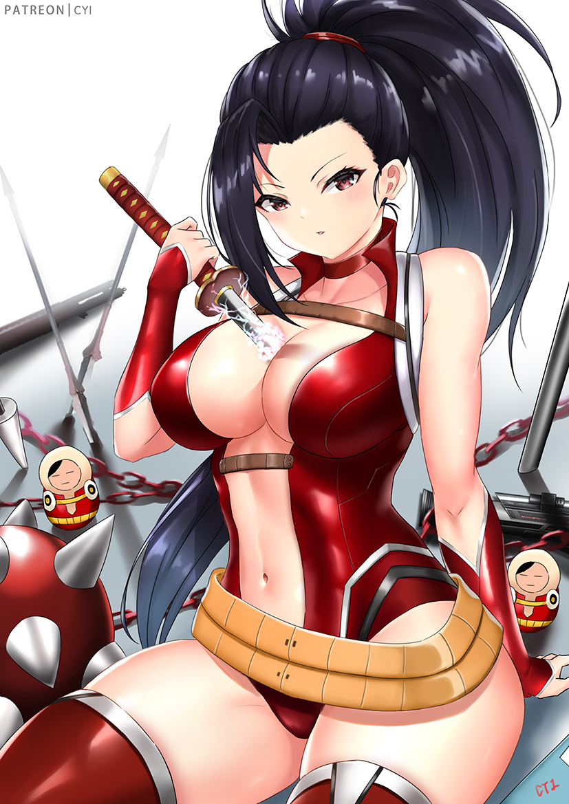 1girl alternate_hair_length alternate_hairstyle arm_support ball_and_chain_(weapon) bare_shoulders between_breasts black_hair blush boku_no_hero_academia breasts center_opening chain check_commentary choker cleavage collarbone commentary_request cowboy_shot cyicheng flail hair_pulled_back hair_tie holding holding_sword holding_weapon human_scabbard large_breasts leotard long_hair looking_at_viewer matryoshka_doll morning_star navel parted_lips patreon_username ponytail pulling red_choker red_eyes red_leotard red_thighhighs shadow sidelocks signature sitting skindentation solo spiked_ball_and_chain sword thighhighs vambraces very_long_hair weapon weapon_request white_background yaoyorozu_momo