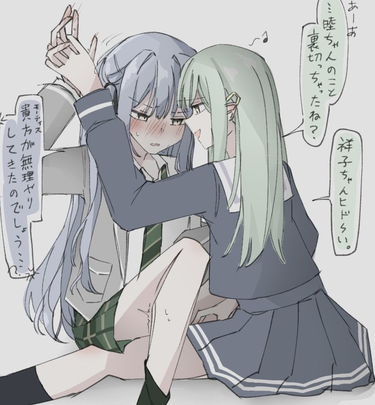 2girls bang_dream! bang_dream!_it&#039;s_mygo!!!!! between_legs black_shirt black_skirt black_socks blue_hair blush collared_shirt commentary_request green_hair green_necktie green_skirt grey_background grey_jacket hair_ornament hairclip haneoka_school_uniform holding_hands jacket long_hair long_sleeves mortis_(bang_dream!) mortis_(persona)_(bang_dream!) multiple_girls necktie parted_lips plaid_clothes plaid_skirt pleated_skirt sailor_collar school_uniform shirt sifro_ll simple_background skirt socks speech_bubble togawa_sakiko translation_request tsukinomori_school_uniform wakaba_mutsumi white_sailor_collar white_shirt yellow_eyes yuri