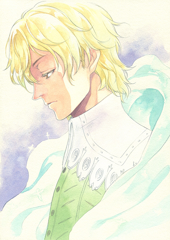 1990s_(style) 1boy agahari berserk blonde_hair cloak male_focus manly nose orange_eyes profile retro_artstyle serpico_(berserk) short_hair solo traditional_media