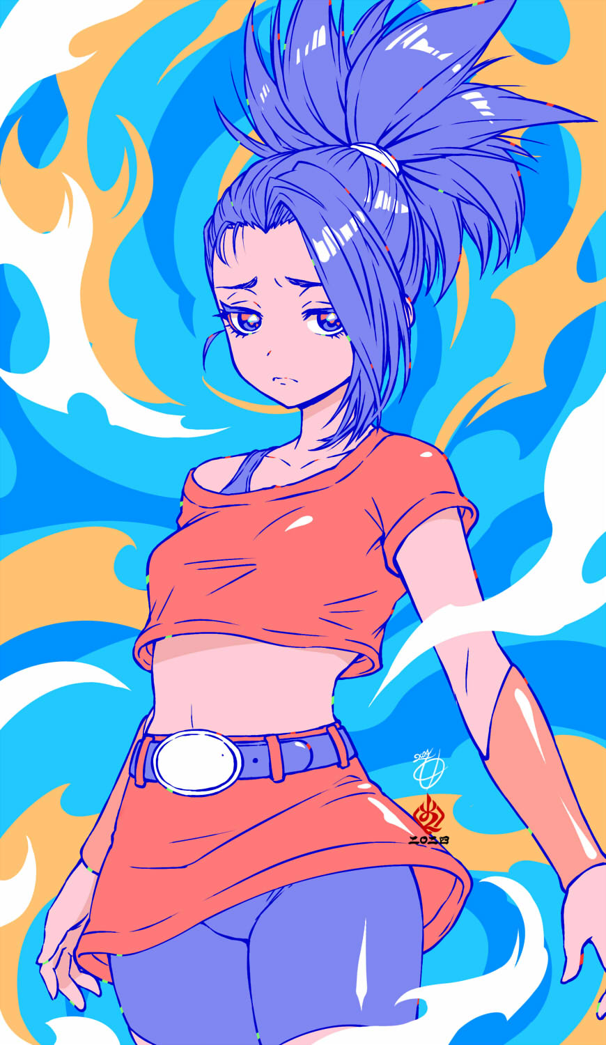 1girl belt bike_shorts_under_skirt black_belt black_sports_bra blue_hair breasts colored_eyelashes commentary cowboy_shot crop_top dark-skinned_female dark_skin dragon_ball dragon_ball_super floating_clothes frown furrowed_brow gold_bracer highres kale_(dragon_ball) kanchiyo limited_palette looking_at_viewer medium_breasts midriff ponytail purple_eyes red_shirt red_skirt shirt signature single_bang skirt solo spiked_hair sports_bra tan