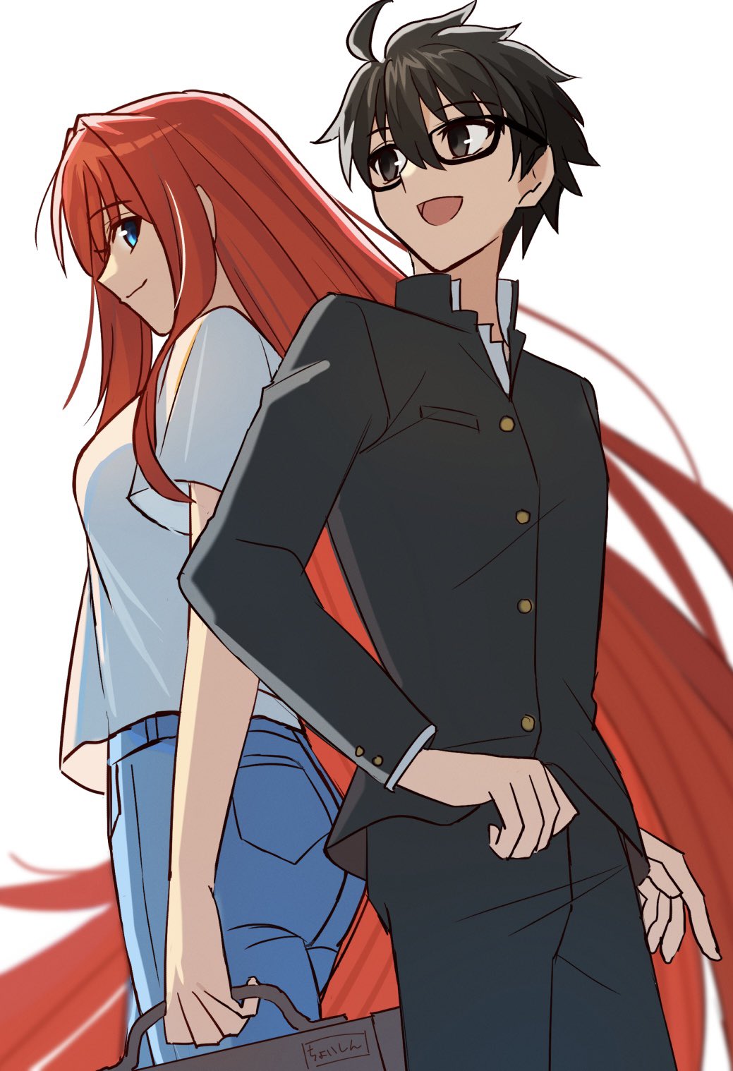 1boy 1girl ahoge aozaki_aoko black-framed_eyewear black_eyes black_hair black_jacket black_pants blue_eyes buttons closed_mouth commentary denim gakuran glasses hair_between_eyes highres holding holding_suitcase jacket jeans long_hair long_sleeves looking_at_another open_mouth pants pocket profile red_hair school_uniform shintyoi2 shirt short_sleeves simple_background smile suitcase tohno_shiki tsukihime tsukihime_(remake) very_long_hair white_background white_shirt