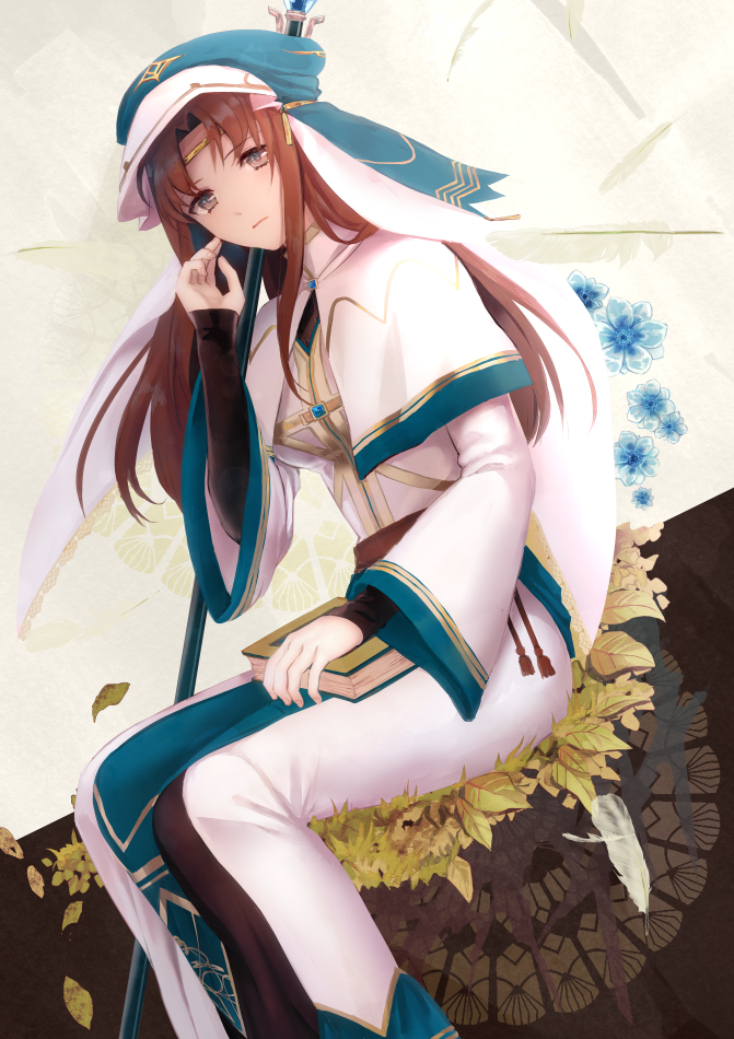 1girl book book_on_lap breasts brown_hair circlet elen_(fire_emblem) fire_emblem fire_emblem:_the_binding_blade looking_at_viewer medium_breasts nintendo nun priestess robe shoochiku_bai solo staff white_headdress