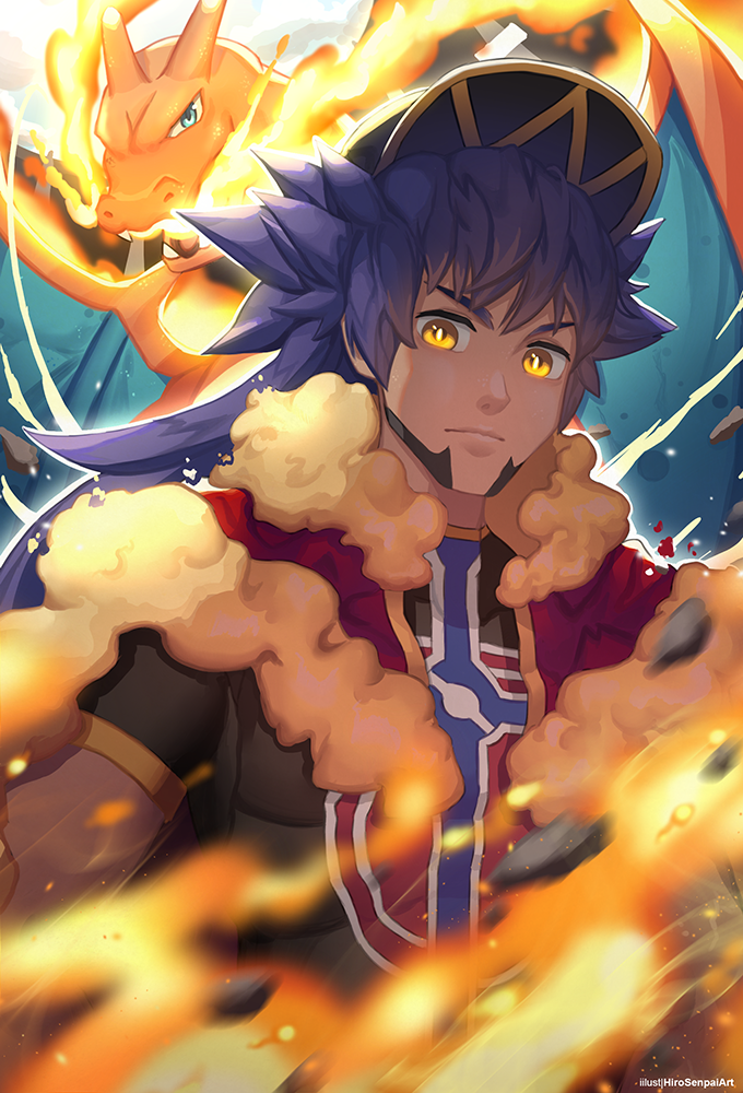 1boy baseball_cap blurry bright_pupils cape champion_uniform charizard closed_mouth commentary dark-skinned_male dark_skin facial_hair fire fur-trimmed_cape fur_trim gen_1_pokemon hat hirosenpai leon_(pokemon) long_hair looking_down male_focus nintendo pokemon pokemon_(creature) pokemon_swsh purple_hair red_cape rock shield_print shirt short_sleeves sword_print white_pupils yellow_eyes