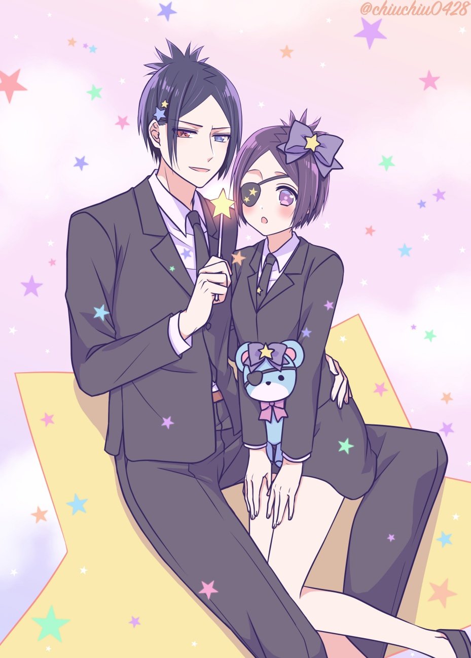 1boy 1girl blue_eyes blue_hair blush breasts chrome_dokuro eyepatch formal_clothes heterochromia highres hihibi katekyo_hitman_reborn! necktie open_mouth purple_eyes purple_hair red_eyes rokudou_mukuro short_hair skirt small_breasts smile suit