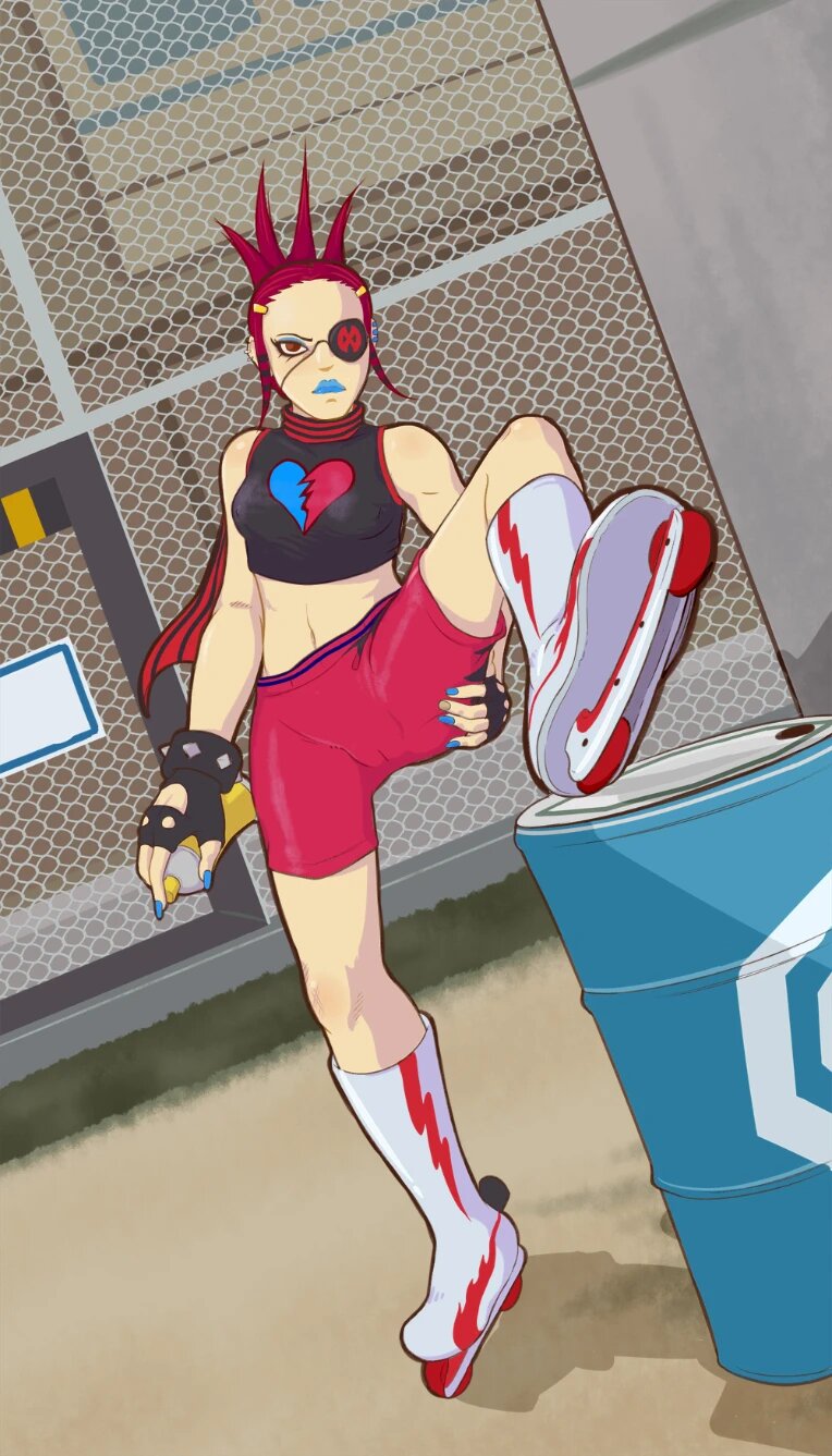 1girl body_blush breasts cameltoe chain-link_fence eyepatch fence fingerless_gloves forehead gloves highres jet_set_radio leg_up lipstick love_shockers makeup medium_breasts midriff nail_polish navel piercing pink_hair roller_skates scarf sega shorts skates spiked_hair spray_can spread_legs standing standing_on_one_leg stitchword thighs