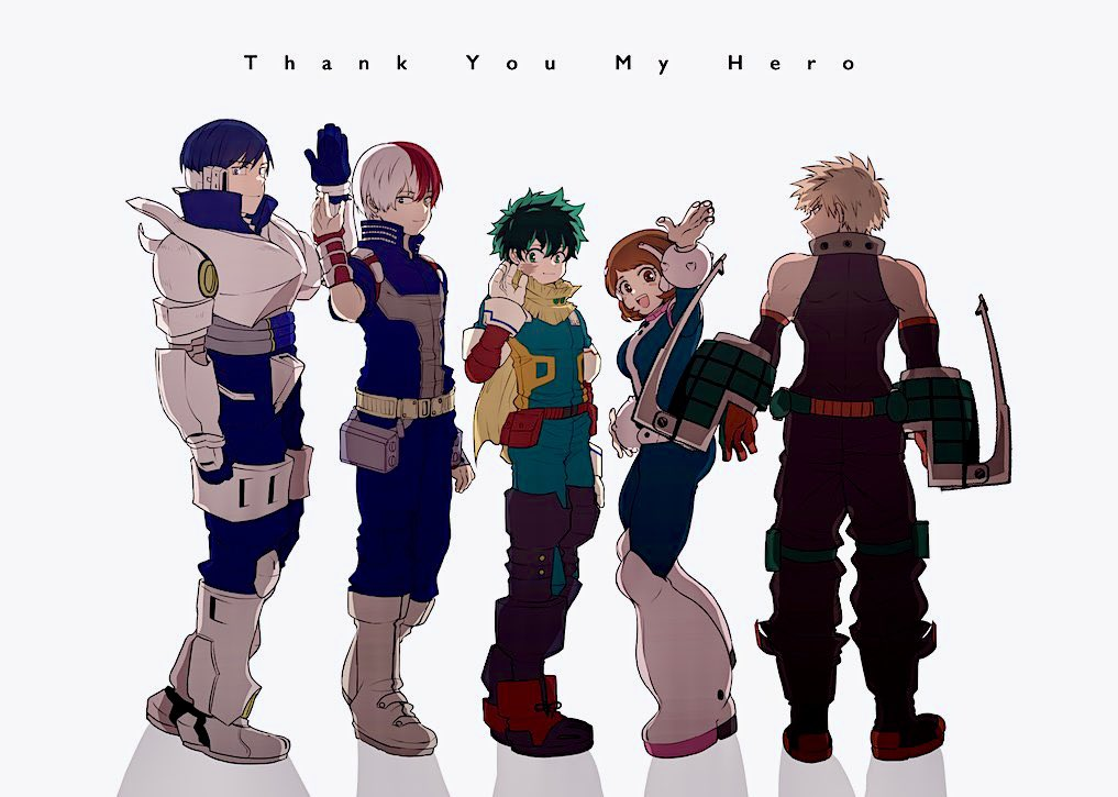 1girl 4boys armor bakugou_katsuki belt blonde_hair blue_eyes blue_hair boku_no_hero_academia boots breasts brown_eyes brown_hair dimples elbow_sleeve explosive freckles glasses gloves green_eyes green_hair grey_eyes hetero iida_tenya large_breasts medium_hair midoriya_izuku multicolored_hair multiple_boys muscular muscular_male red_eyes red_hair scar scar_on_face short_hair spiked_hair standing superhero_costume tank_top tdms_822 todoroki_shouto uraraka_ochako white_background white_hair