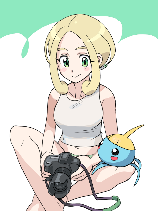 1girl bare_arms barefoot blonde_hair blush_stickers breasts camera closed_mouth collarbone commentary_request eyelashes gen_3_pokemon green_eyes gym_leader holding looking_down navel nibo_(att_130) nintendo pokemon pokemon_(creature) pokemon_on_leg pokemon_xy shirt sleeveless sleeveless_shirt smile surskit viola_(pokemon) white_shirt