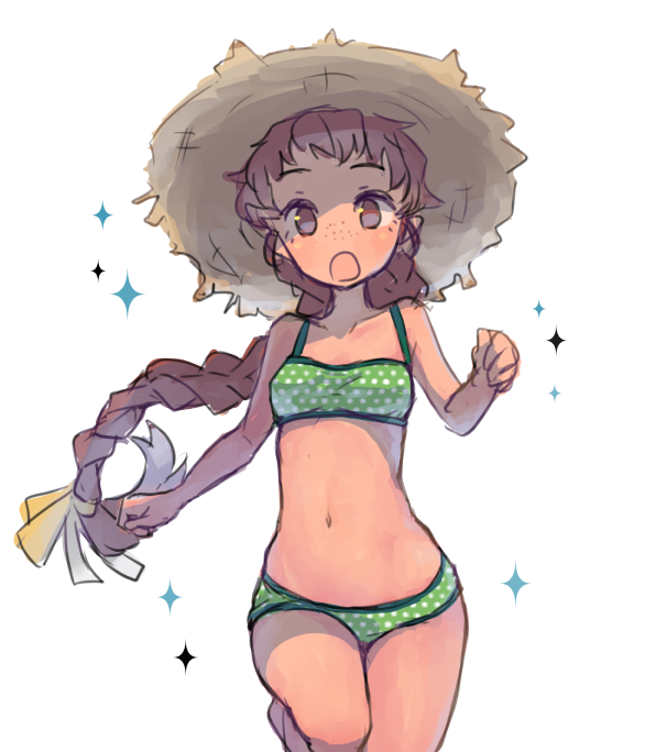 1girl bikini braid braided_ponytail breasts brown_eyes brown_hair collarbone female_focus freckles green_bikini hair_ribbon hat isuzu_(log_horizon) leg_up log_horizon long_hair looking_at_viewer low-tied_long_hair mo_(deciliter) navel open_mouth polka_dot polka_dot_bikini ponytail ribbon simple_background single_braid sketch small_breasts solo standing standing_on_one_leg straw_hat sun_hat swimsuit very_long_hair white_background yellow_ribbon