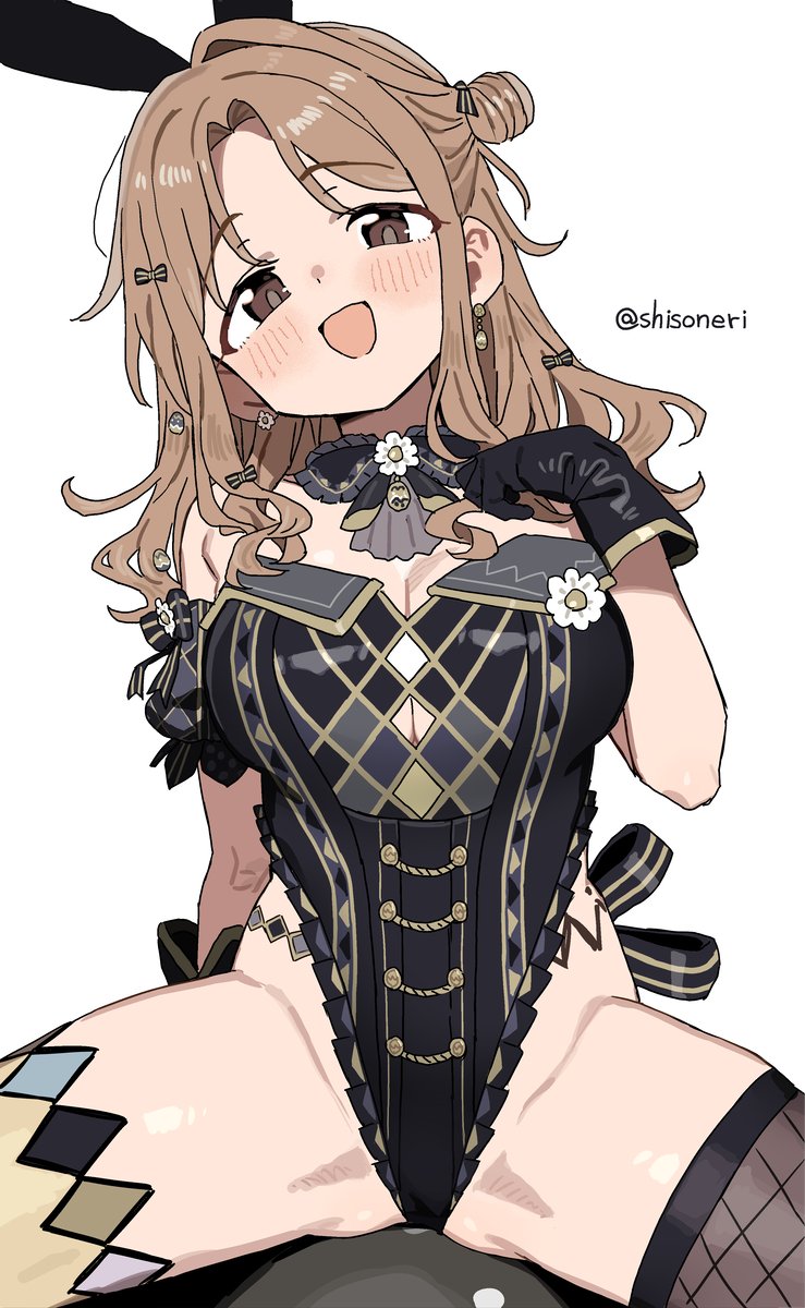 1girl :d animal_ears back_ribbon black_gloves black_leotard black_ribbon blush breasts brown_eyes brown_hair cleavage detached_collar fake_animal_ears fishnet_pantyhose fishnets gloves hand_up highres ichikawa_hinana idolmaster idolmaster_shiny_colors idolmaster_shiny_colors_song_for_prism large_breasts leotard long_hair looking_at_viewer official_alternate_costume open_mouth pantyhose rabbit_ears ribbon shisoneri simple_background single_leg_pantyhose sitting smile solo twitter_username white_background