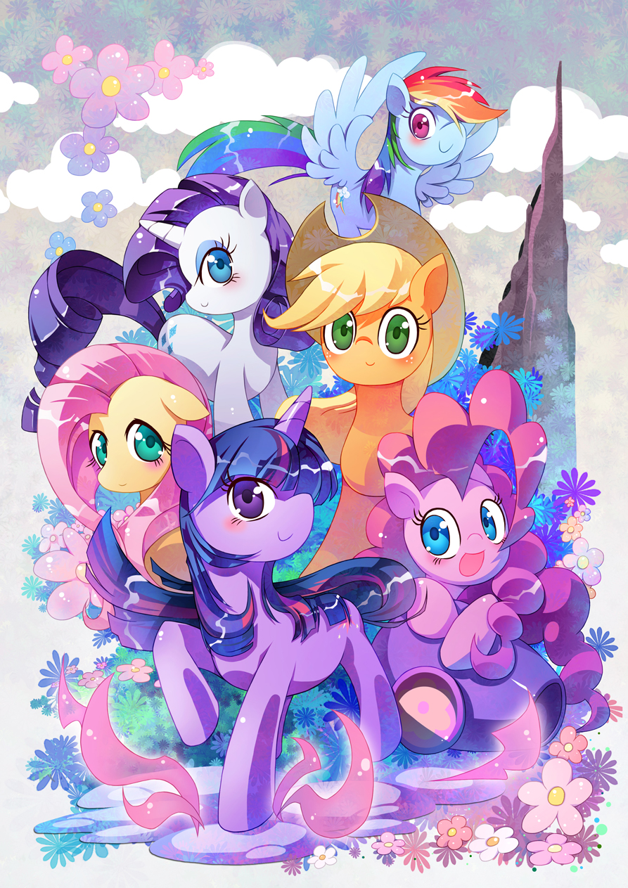 animal animal_focus applejack commentary cowboy_hat flower fluttershy full_body hat highres looking_at_viewer mane_six_(my_little_pony) my_little_pony my_little_pony:_friendship_is_magic no_humans outdoors pegasus pinkie_pie pony_(animal) rainbow_dash rarity_(my_little_pony) standing tail twilight_sparkle unicorn wings xin_yu_hua_yin