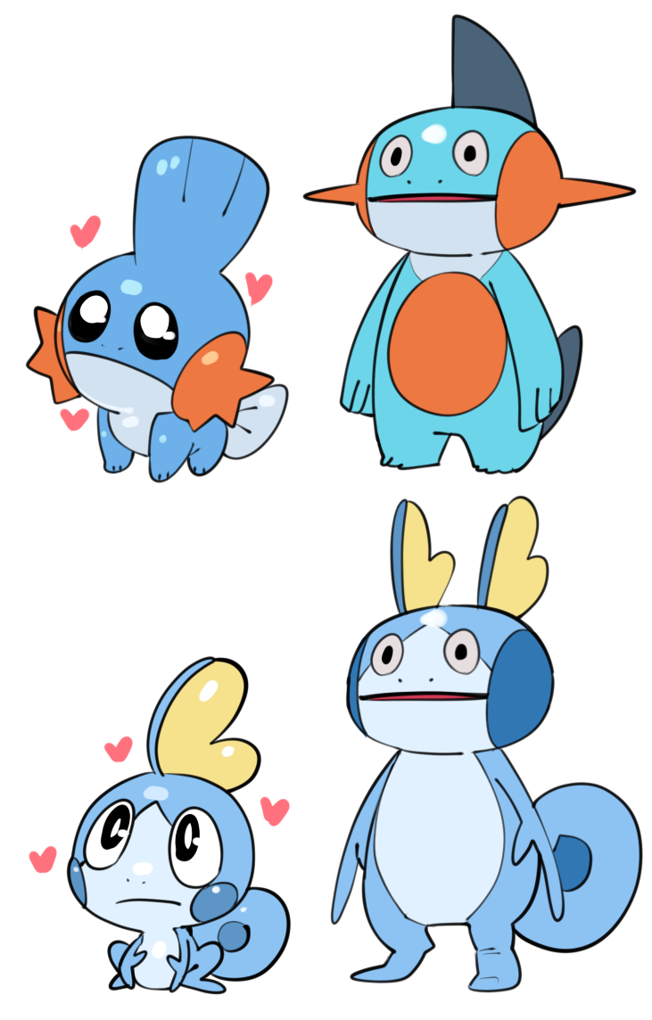 bright_pupils fakemon full_body gen_3_pokemon gen_8_pokemon heart marshtomp mudkip nintendo no_humans nostrils open_mouth pokemon pokemon_(creature) sido_(slipknot) simple_background sobble standing white_background white_pupils