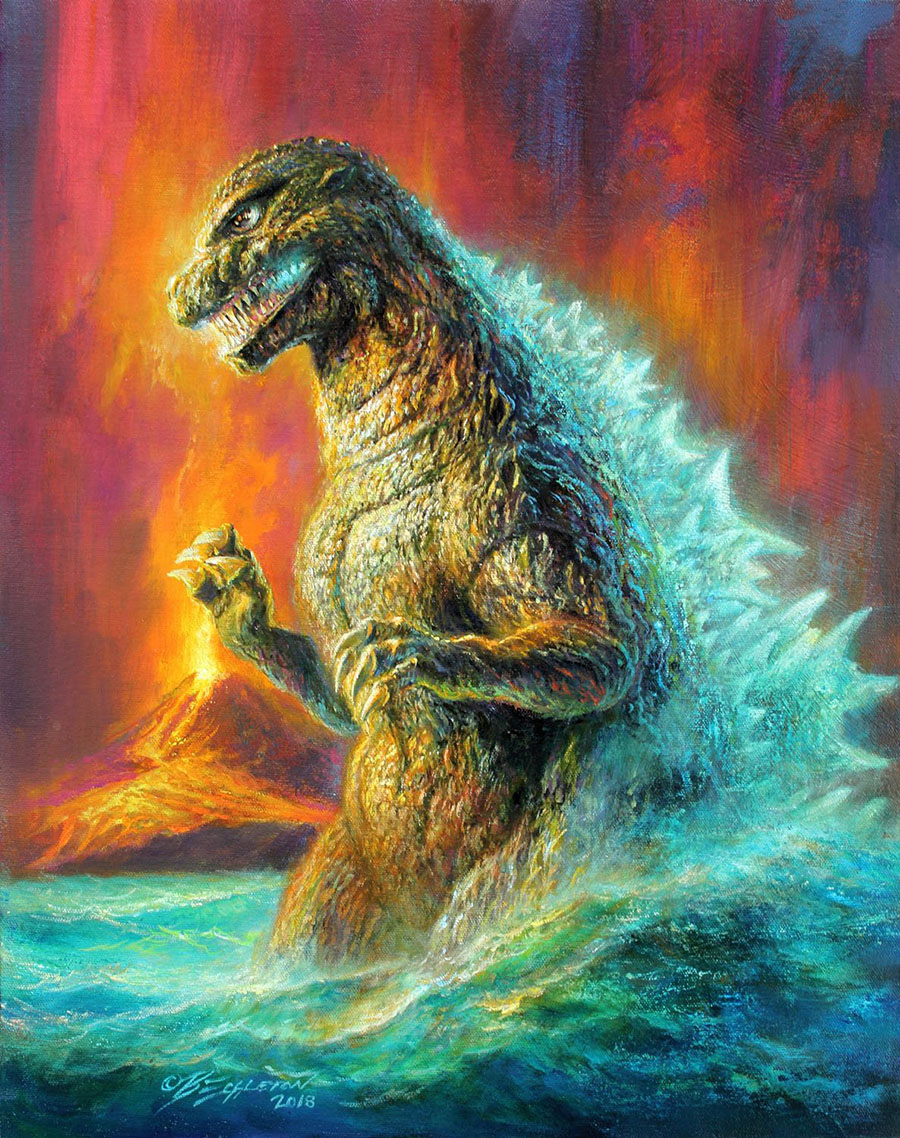 bob_eggleton dinosaur energy epic eruption explosion glowing glowing_mouth glowing_spikes godzilla godzilla_(series) kaiju lava no_humans ocean plasma sea_monster swimming the_return_of_godzilla toho volcano water waves