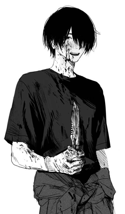 1boy blood clothes_around_waist dagger gloves greyscale hirota_tsuu holding holding_dagger holding_knife holding_weapon jacket jacket_around_waist knife looking_at_viewer male_focus monochrome original pants shirt short_hair short_sleeves simple_background smile solo weapon white_background