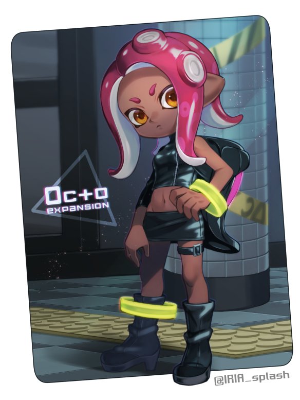 1girl agent_8_(splatoon) anklet artist_name backpack bag belt belt_buckle black_bag black_belt black_boots black_shirt black_skirt boots border breasts buckle commentary copyright_name crop_top dark-skinned_female dark_skin english_commentary full_body groin hand_on_own_hip head_tilt iria_(yumeirokingyo) jewelry looking_at_viewer medium_hair midriff miniskirt navel nintendo octoling orange_eyes parted_bangs pencil_skirt pink_hair pointy_ears shirt single_sleeve skirt solo splatoon_(series) splatoon_2 splatoon_2:_octo_expansion standing tentacle_hair thigh_belt thigh_strap twitter_username white_border wristband zipper