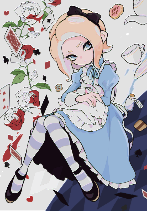 1girl alice_(alice_in_wonderland) alice_(alice_in_wonderland)_(cosplay) alice_in_wonderland animal animal_on_lap apron black_bow black_hairband black_shoes blonde_hair blue_dress blue_eyes blue_ribbon bow bow_hairband closed_mouth commentary cosplay dress full_body hair_bow hairband horizontal-striped_thighhighs imaikuy0 invisible_chair juliet_sleeves long_sleeves mary_janes medium_hair neck_ribbon nintendo octoling octoling_girl octoling_player_character on_lap parted_bangs petticoat petting puffy_sleeves purple_thighhighs rabbit ribbon shoes sitting sleeve_cuffs solo splatoon_(series) striped_clothes striped_thighhighs symbol-only_commentary tentacle_hair thighhighs two-tone_thighhighs waist_apron white_apron white_rabbit_(animal) white_sleeve_cuffs white_thighhighs